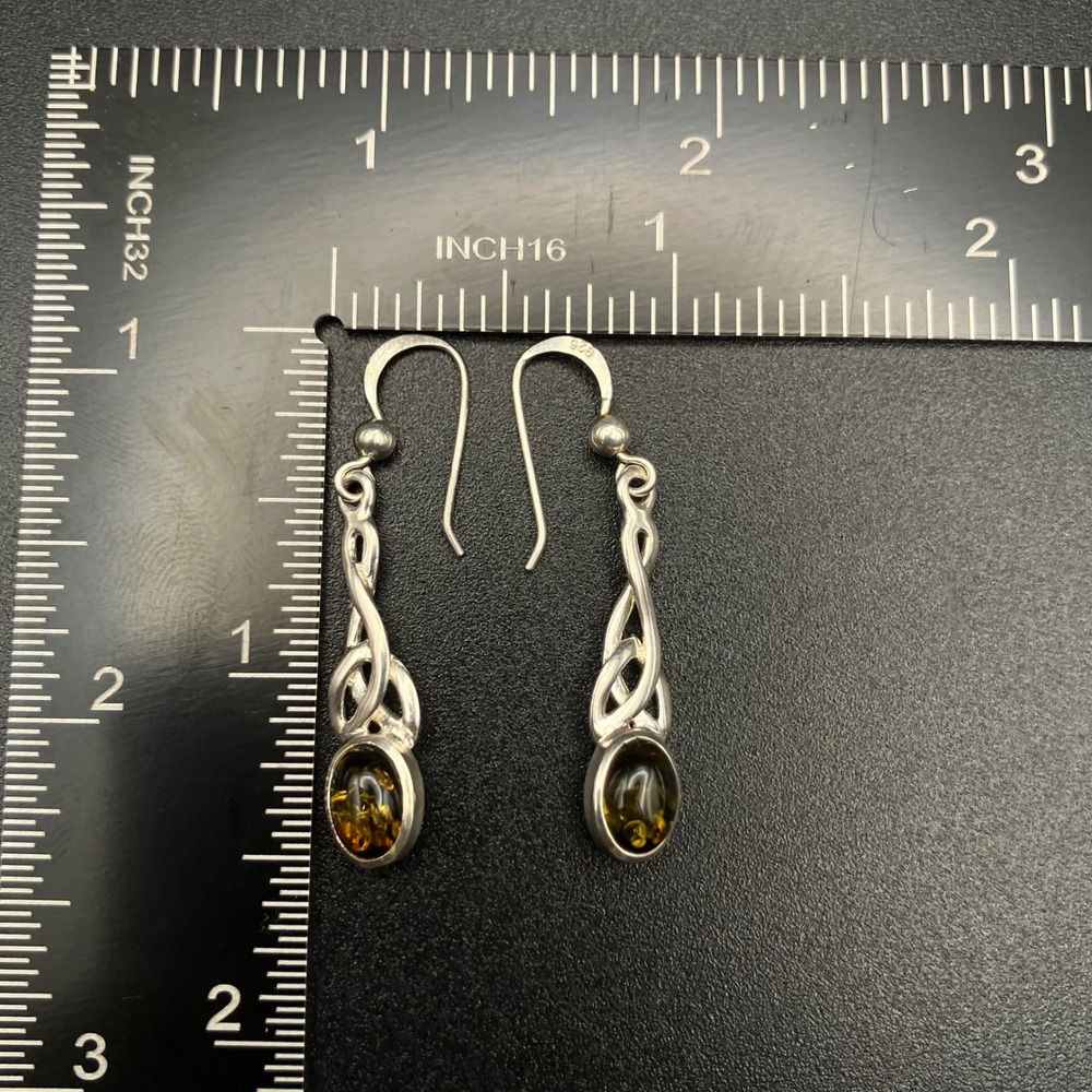 Vintage Sterling Silver Green Amber Celtic Knot Dangle Earrings 1.5" NHJ - Picture 9 of 11